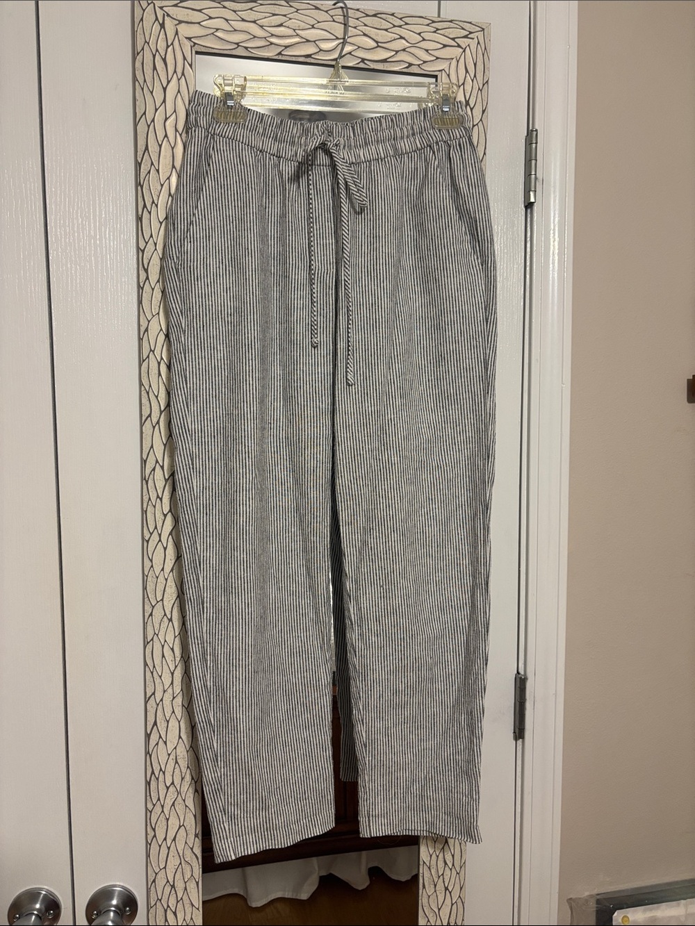 J.Crew Linen Cotton Blend Casual Pinstripe Drawstring Pants - Black & White